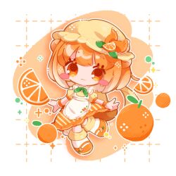 Rule 34 | 1girl, :3, apron, blush stickers, bow, bowtie, chibi, chibi only, collar, dress, food, frilled apron, frilled collar, frills, fruit, green bow, green bowtie, inukkomaru, leg warmers, looking at viewer, mary janes, no nose, orange (fruit), orange bow, orange dress, orange eyes, orange shoes, orange slice, original, pantyhose, shoes, short sleeves, solo, white apron, white background, white pantyhose, yellow leg warmers