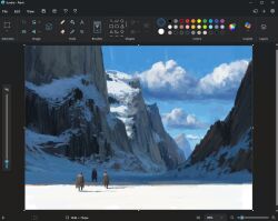 Rule 34 | 3others, art program in frame, brown coat, christian young, cloud, cloudy sky, coat, commentary, day, english commentary, fur collar, landscape, microsoft paint (medium), microsoft paint (software), mountain, mountainous horizon, multiple others, original, outdoors, painterly, scenery, screencap, shadow, sky, snow, valley, walking