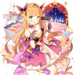 1girl blonde_hair blunt_bangs box dress gift gift_box gloves green_eyes holding lina_princella long_hair off-shoulder_dress off_shoulder opera_glasses pink_dress salt_(salty) uchi_no_hime-sama_ga_ichiban_kawaii very_long_hair