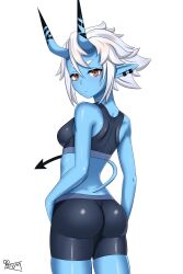 1girl absurdres ass bare_arms bare_shoulders bike_shorts black_shorts blue_skin breasts closed_mouth colored_skin demon_horns demon_tail ear_piercing f0rum7v from_behind hair_between_eyes highres horns looking_at_viewer looking_back midriff oni petite piercing pointy_ears red_eyes short_eyebrows short_hair short_shorts shorts small_breasts soukaku_(zenless_zone_zero) sports_bra tail thick_eyebrows thick_thighs thighs white_hair zenless_zone_zero