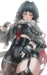 1girl absurdres animal_ears black_garter_straps black_gloves black_pantyhose black_thighhighs blunt_bangs blush commentary cropped_jacket english_commentary fingerless_gloves fur-trimmed_jacket fur_collar fur_trim garter_straps gloves green_eyes green_hair grey_jacket hair_between_eyes hair_intakes hand_up high-waist_shorts highres jacket jane_doe_(zenless_zone_zero) jindogod long_hair looking_at_viewer mouse_ears mouse_girl multicolored_hair necktie pantyhose parted_lips red_hair red_nails shorts simple_background single_garter_strap single_leg_pantyhose skindentation smile solo tail thick_thighs thighhighs thighs torn_clothes torn_pantyhose two-tone_necktie zenless_zone_zero