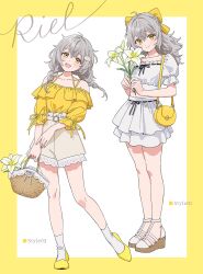 1girl :d bag basket black_ribbon braid brown_shorts closed_mouth collarbone commission crossed_bangs dot_nose double-parted_bangs flower flower_request frilled_shirt frilled_sleeves frills grey_hair hair_between_eyes hair_ribbon handbag highres holding holding_basket lace-trimmed_shorts lace_trim loafers long_hair looking_at_viewer low_twin_braids midriff miniskirt moya_(toatomoot) multiple_views off-shoulder_shirt off_shoulder open_mouth original ribbon sandals shirt shoes short_sleeves shorts skeb_commission skirt sleeve_ribbon smile three-quarter_sleeves twin_braids white_flower white_ribbon white_sandals white_shirt yellow_bag yellow_eyes yellow_ribbon yellow_shirt yellow_shoes