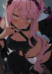 Rule 34 | 1girl, bare shoulders, belt, black panties, black skirt, black thighhighs, black tube top, blush, breasts, chloe von einzbern, chloe von einzbern (celebratory attire), dark-skinned female, dark skin, demon girl, demon horns, demon tail, demon wings, detached sleeves, fate/grand order, fate (series), flower, fur collar, hair flower, hair ornament, hairband, highres, horns, licking lips, long hair, looking at viewer, navel, orange eyes, panties, peisuto, pink hair, ponytail, sidelocks, skirt, small breasts, smile, stomach tattoo, strapless, tail, tattoo, thighhighs, tongue, tongue out, tube top, underwear, wings