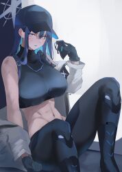 1girl abs absurdres armband bare_shoulders baseball_cap black_boots black_gloves black_hair black_hat black_pants black_shirt blue_archive blue_eyes blue_hair boots breasts chest_harness coat colored_inner_hair crop_top gloves halo harness hat highres knee_boots large_breasts long_hair long_sleeves looking_at_viewer mask midriff mouth_mask multicolored_hair navel off_shoulder open_clothes open_coat pants s4ika saori_(blue_archive) shirt sitting sleeveless sleeveless_shirt solo toned unworn_mask white_coat