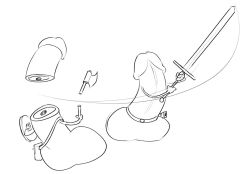 2boys axe bag commentary fighting greatsword greyscale holding holding_axe holding_shield holding_sword holding_weapon monochrome multiple_boys original penis severed_penis shield shoulder_bag sketch suoiresnu sword testicles weapon