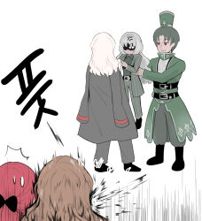 2boys 3girls alternate_universe anger_vein belt black_boots black_coat black_shirt black_shoes boots bow brown_hair catherine_(project_moon) coat cosplay costume_switch dress green_dress grey_hair grey_jacket grey_pants hair_bow highres jacket la_manchaland&#039;s_don_quixote_(project_moon) laughing lifting_person limbus_company long_hair multiple_boys multiple_girls one_eye_in_shadow pants project_moon red_eyes red_hair ryum11 shaded_face shirt shoes short_hair simple_background striped_clothes striped_jacket striped_pants sweatdrop tall_hat vergilius_(project_moon) white_background yuri_(project_moon)