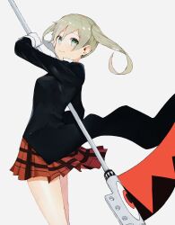 1girl blonde_hair closed_mouth gloves green_eyes highres holding long_hair long_sleeves looking_at_viewer maka_albarn plaid_clothes plaid_skirt ryou_(ponpgo) school_uniform scythe simple_background skirt smile solo soul_eater twintails white_background white_gloves