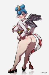 1girl amanozako_(megami_tensei) artist_name ass black_wings blue_hair breasts butt_crack center-flap_bangs coca-bee dress facial_mark full_body geta highres huge_ass jacket large_breasts looking_at_viewer no_pants orange_eyes panties pointy_ears seductive_smile shin_megami_tensei shin_megami_tensei_v smile solo tengu-geta underwear white_jacket wide_hips wide_sleeves wings
