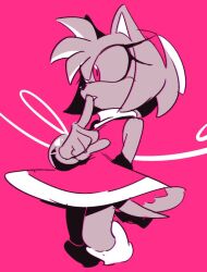 1girl amy_rose animal_ears animal_nose dress furry furry_female hairband hedgehog_girl limited_palette pink_background pink_dress pink_eyes pink_hairband pointing short_tail simple_background solo sonic_(series) standing tail upper_body weon1119