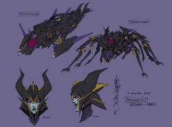 airachnid alex_milne bug character_name reference_sheet commentary decepticon english_commentary mecha multiple_views no_humans official_art purple_background purple_eyes redesign robot science_fiction signature smile spider the_transformers_(idw) transformers