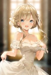 1girl :d bare_shoulders bead_necklace beads blonde_hair blue_eyes blurry blurry_background blush breasts cleavage clothes_lift commentary_request dot_nose dress dress_lift hair_ribbon highres jewelry looking_at_viewer medium_breasts necklace open_mouth original ribbon short_hair_with_long_locks short_sleeves smile solo strapless strapless_dress tiara upper_body weri white_dress white_ribbon