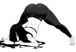 1girl ass barefoot crop_top full_body greyscale highres jack-o&#039;_challenge long_hair looking_at_viewer lughost median_furrow monochrome pants simple_background solo sweat the_ring top-down_bottom-up white_background wide-eyed yamamura_sadako yoga_pants