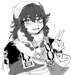 Rule 34 | 1girl, ainu clothes, black hair, blush, braid, headscarf, highres, lineart, monochrome, nose blush, pilika (rune factory), rune, rune factory, rune factory: guardians of azuma, tenno (500 daitai), upper body, v