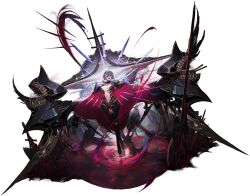 1girl :d ahoge animal armor armored_boots armored_legwear axe azur_lane bare_shoulders belt black_boots black_cape blood blue_hair boots breasts breasts_apart cannon cape center_opening cleavage clothing_cutout cross floating floating_object floating_weapon foch_(azur_lane) foch_(meta)_(azur_lane) full_body gloves hair_between_eyes hair_ornament hand_on_own_chest high_heels highres holding jewelry large_breasts long_hair long_sleeves looking_at_viewer machinery midriff multiple_swords multiple_weapons navel ohisashiburi open_mouth planted planted_axe planted_polearm planted_sword planted_weapon polearm purple_hair red_cape red_eyes revealing_clothes rigging ship_turret smile solo spear standing standing_on_liquid stomach sword teeth thigh_boots thighhighs thighs torn_cape torn_clothes transparent_background two-sided_cape two-sided_fabric two-tone_cape water weapon wolf