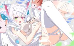 Rule 34 | 1girl, :d, animal ear fluff, animal ears, blush, breasts, bubble, cat ears, commission, covered erect nipples, cross-laced clothes, double bun, dress, fish, green eyes, hair bun, headband, heterochromia, highres, large breasts, looking at viewer, medium breasts, open mouth, original, panties, red eyes, shiro9jira, single thighhigh, skeb commission, smile, solo, swimsuit, thighhighs, underwater, underwear, white dress, white hair, white panties, white thighhighs