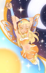 1girl absurdres arm_behind_head arm_up armlet blonde_hair blue_wings blunt_bangs boots bracer bright_pupils commentary crop_top english_commentary eyeshadow fairy fairy_wings flying full_body glitter grin hair_ornament hairband halter_shirt halterneck happy highres holding_own_arm jewelry leg_up light_particles lipstick long_hair looking_at_viewer magic magical_girl makeup midriff miniskirt moon nail_polish navel night night_sky orange_eyeshadow orange_hairband orange_shirt orange_skirt orange_wings pleated_skirt shirt sidelocks skirt skirt_set sky sleeveless sleeveless_shirt smile solo sparkle star_(sky) star_(symbol) star_hair_ornament starry_sky stella_(winx_club) thigh_boots two-tone_wings very_long_hair white_boots white_pupils wikate wings winx_club winx_club_(reboot) yellow_eyes yellow_lips yellow_nails