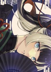 1girl asa_no_ha_(pattern) black_hair egasumi hand_fan highres hololive hololive_dev_is juufuutei_raden long_hair looking_at_viewer multicolored_hair paper_fan parted_lips ponytail solo streaked_hair tsukky virtual_youtuber white_hair