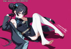 1girl absurdres black_dress black_gloves black_hair black_nails blue_archive breasts bridal_legwear china double_bun dress full_body gloves grey_eyes hair_bun highres jacket kisaki_(blue_archive) long_hair long_sleeves momobug22 nail_polish no_shoes open_clothes open_jacket red_background simple_background small_breasts solo thighhighs toenail_polish toenails twintails very_long_hair white_thighhighs