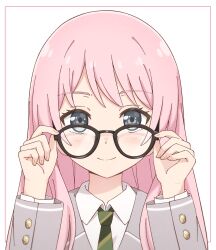 1girl absurdres adjusting_eyewear bang_dream! bang_dream!_it&#039;s_mygo!!!!! black-framed_eyewear blush buttons chihaya_anon closed_mouth collared_shirt commentary diagonal-striped_clothes diagonal-striped_necktie fingernails glasses green_necktie grey_eyes grey_jacket hand_on_eyewear hands_up haneoka_school_uniform highres inset_border jacket long_hair long_sleeves looking_at_viewer mimori_(mimori_05) necktie pink_hair school_uniform shirt skirt smile solo straight-on striped_clothes upper_body white_background white_shirt