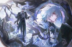 Rule 34 | anaxa (honkai: star rail), black corset, black gloves, blue eyes, blue flower, book, branch, collared coat, coreflame (honkai: star rail), corset, eyepatch, flower, gloves, gun, highres, holding, holding book, holding gun, holding weapon, hole in chest, hole on body, honkai: star rail, honkai (series), long coat, long hair, looking down, looking to the side, male focus, mors gn, partially fingerless gloves, red pupils, serious, side ponytail, stepping, weapon, white undershirt