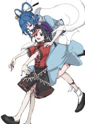 Rule 34 | 2girls, black eyes, black hair, black nails, black shoes, black skirt, blue dress, blue eyes, blue hair, blue nails, chinese clothes, dress, hands on another&#039;s shoulders, hat, highres, jiangshi, kaku seiga, looking at another, majime na gakuinsei, medium hair, miyako yoshika, multiple girls, nail polish, ofuda, ofuda on head, ofuda on leg, open mouth, pale skin, red shirt, shirt, shoes, short sleeves, skirt, smile, socks, touhou, white background, white socks
