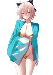 1girl absurdres ahoge aqua_jacket arm_under_breasts bikini black_ribbon blush breasts commentary_request fate/grand_order fate_(series) gold_bikini green_eyes grey_hair hair_ribbon highres jacket large_breasts nigori_(keydoor) okita_souji_(fate) ribbon short_hair simple_background solo swimsuit thighs white_background