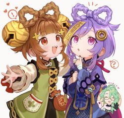 ! 2girls ? alternate_hairstyle baizhu_(genshin_impact) bell black_gloves black_nails bow-shaped_hair brown_hair changsheng_(genshin_impact) china_dress chinese_clothes coin_hair_ornament commentary_request dress genshin_impact glasses gloves green_dress green_hair hair_bell hair_ornament heart highres long_sleeves mscdraw multiple_girls nail_polish ofuda open_mouth parted_lips pink_eyes purple_dress purple_hair qiqi_(genshin_impact) simple_background snake spoken_exclamation_mark spoken_question_mark tassel white_snake yaoyao_(genshin_impact)