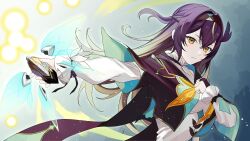 Rule 34 | 1girl, absurdres, black hairband, black jacket, blonde hair, blush, breasts, closed mouth, commentary, cosplay, crossed bangs, english commentary, feather hair, firefly (honkai: star rail), firefly (honkai: star rail) (cosplay), frown, hair between eyes, hairband, highres, holding, honkai: star rail, honkai (series), jacket, long sleeves, lua asuka, multicolored hair, neckerchief, production kawaii, purple hair, reverse grip, second-party source, shima koume, sleeves past wrists, solo, streaked hair, virtual youtuber, yellow eyes, yellow neckerchief