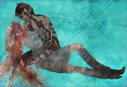 Rule 34 | 1boy, 1girl, belt, black hair, body markings, boots, closed eyes, cradling, demi-fiend, demon girl, denim dress, dress, full-body tattoo, green background, hand around waist, hand on another&#039;s shoulder, hand on another&#039;s waist, horns, long hair, nobingo, shin megami tensei, shin megami tensei iii: nocturne, short hair, simple background, single horn, sleeveless, sleeveless dress, tachibana chiaki (megami tensei), tattoo, topless male, white hair