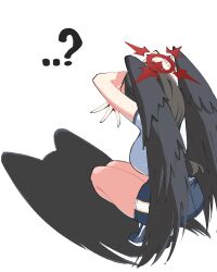1girl black_hair black_wings blue_archive blue_shoes blue_shorts breasts cat_shadow_puppet_(meme) crossed_arms double_w feathered_wings hasumi_(blue_archive) hasumi_(track)_(blue_archive) highres large_breasts long_hair lyneriee official_alternate_costume official_alternate_hairstyle ponytail shirt shoes short_shorts shorts solo squatting w white_shirt wings