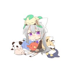 1girl black_jacket blazer blush_stickers bow brown_sweater chibi closed_mouth collared_shirt crossover full_body gen_4_pokemon grey_hair grey_skirt hair_between_eyes hair_bow hair_ornament hairclip higuchi_kaede higuchi_kaede_(1st_costume) jacket leafeon necktie nijisanji nintendo on_head open_clothes open_jacket pleated_skirt pokemon pokemon_(creature) ponytail purple_eyes purple_necktie rebecca_(keinelove) school_uniform shadow shirt simple_background skirt smile stuffed_animal stuffed_elephant stuffed_fox stuffed_panda stuffed_penguin stuffed_rabbit stuffed_toy stuffed_whale sweater virtual_youtuber white_background white_bow white_shirt