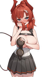 1girl @_@ absurdres belt black_belt black_choker black_skirt blue_archive blue_eyes blush breasts chest_belt choker commentary covering_breasts covering_privates hair_ornament hairclip highres holding holding_own_hair horns huge_breasts korean_commentary long_hair looking_at_viewer megu_(blue_archive) no_bra pleated_skirt pointy_ears red_hair red_horns red_tail ribbed_shirt shirt simple_background skirt solo tail thighs white_background white_shirt ziro_(zirorong)
