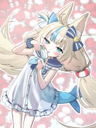 Rule 34 | 1girl, ahoge, animal ear fluff, animal ears, blonde hair, blue bow, blue collar, blue eyes, blue hair, blue nails, blush, bow, cat ears, collar, controller, fins, fish girl, fish tail, frilled shirt collar, frills, game controller, hair bow, highres, holding, holding controller, holding game controller, indie virtual youtuber, lifebuoy hair ornament, long hair, low twintails, multicolored hair, nail polish, one side up, sameko saba, sashimi (xoxosashimixoxo), solo, streaked hair, tail, twintails, very long hair, virtual youtuber