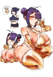 1girl absurdres bikini black_hair breasts gloves gold_bikini highres one_eye_closed open_mouth original short_hair swimsuit