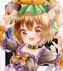 1girl :d alternate_costume animal_ear_fluff animal_ear_piercing animal_ears belt_collar border breasts brown_eyes brown_hair cat_ears cat_tail chen claw_pose collar collarbone crop_top double-parted_bangs earrings eyelashes fang fingernails gao hair_between_eyes hands_up happy hat jewelry looking_at_viewer mob_cap multiple_tails nekofish666 nekomata open_mouth orange_hat outside_border petite pumpkin_hat raglan_sleeves simple_background single_earring skin_fang small_breasts smile solo tail touhou two_tails upper_body white_border