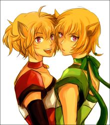 2girls animal_ears breast_press breasts cat_ears choker elbow_gloves fire_emblem fire_emblem:_radiant_dawn gloves laguz_(race) lethe_(fire_emblem) lips lyre_(fire_emblem) multiple_girls nintendo open_mouth orange_hair purple_eyes ribbon short_hair siblings sisters smile symmetrical_docking twins