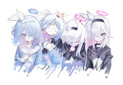 Rule 34 | absurdres, arona (blue archive), black hairband, black jacket, black sailor collar, black shirt, blue archive, blue eyes, blue shirt, braid, closed eyes, closed mouth, colored inner hair, crying, crying with eyes open, grey eyes, hair over one eye, hair ribbon, hairband, highres, jacket, long hair, multicolored hair, neckerchief, off-shoulder jacket, off shoulder, plana (blue archive), rescat, ribbon, sailor collar, shirt, sidelocks, single braid, streaming tears, tears, two-tone hair, upper body, white hair, white hairband, white neckerchief, white ribbon, white sailor collar