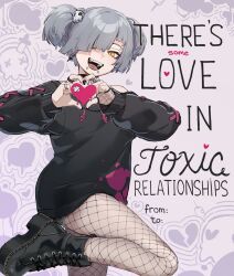 1girl black_nails blush boots choker ear_piercing earrings english_text eyebrow_piercing fangs fishnet_pantyhose fishnets foot_out_of_frame grey_hair hair_ornament hair_over_one_eye heart heart_hands highres jewelry k-rha&#039;s kamiko_(k-rha) legs lip_piercing long_sleeves looking_at_viewer multiple_piercings nail_polish open_mouth original pantyhose piercing shoes short_hair skull_hair_ornament smile solo spike_piercing teeth tongue_piercing twintails yellow_eyes