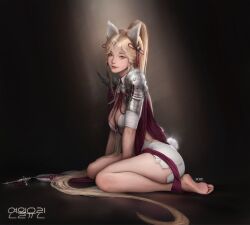 1girl absurdres animal_ears artist_name barefoot blonde_hair breasts cleavage closed_mouth eyebrows female_focus full_body high_ponytail highres jagercoke legs lips long_hair looking_at_viewer mabinogi mabinogi_heroes medium_breasts ponytail sitting solo tail thighs wariza yellow_eyes