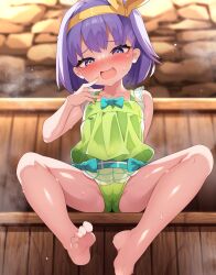 1girl absurdres bare_shoulders barefoot blush bow breasts cameltoe fate/grand_order fate_(series) green_one-piece_swimsuit hairband highres kazuradrop_(fate) kazuradrop_(second_ascension)_(fate) loli looking_at_viewer one-piece_swimsuit open_mouth purple_eyes purple_hair sauna short_hair sitting small_breasts smile solo spread_legs steam swimsuit yellow_hairband zamudelin