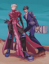 Rule 34 | 2boys, absurdres, black gloves, black pants, blonde hair, blue sky, brown hair, brown shoes, closed mouth, coat, day, desert, florbetriz, full body, gloves, highres, jacket, jojo pose, long sleeves, male focus, multiple boys, nicholas d. wolfwood, outdoors, pants, purple jacket, purple pants, red coat, shoes, short hair, sky, spiked hair, standing, sunglasses, trigun, vash the stampede