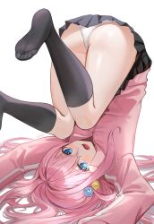 1girl absurdres black_skirt black_socks blue_eyes blush bocchi_the_rock! commentary cube_hair_ornament gotoh_hitori hair_between_eyes hair_ornament highres jacket long_hair long_sleeves looking_at_viewer one_side_up open_mouth panties pantyshot pink_hair pink_jacket rounizm simple_background skirt socks solo thighs top-down_bottom-up track_jacket underwear white_background white_panties