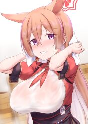 1girl animal_ears black_skirt blue_archive blush breasts cai_geng commentary_request crossed_bangs grin hair_between_eyes halo highres large_breasts long_hair looking_at_viewer multicolored_hair orange_hair purple_eyes red_shirt rumi_(blue_archive) see-through_clothes see-through_shirt shirt short_sleeves sidelocks skirt smile solo standing towel two-tone_hair upper_body very_long_hair wet wet_clothes wet_shirt white_hair