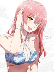 1girl bikini blue_bikini blush bracelet breasts cleavage collarbone dated earrings happy_birthday highres idolmaster idolmaster_cinderella_girls jewelry jougasaki_mika long_hair looking_at_viewer medium_breasts misaki_nonaka open_mouth pink_hair ring ringed_eyes simple_background smile solo swimsuit teeth upper_body upper_teeth_only yellow_eyes