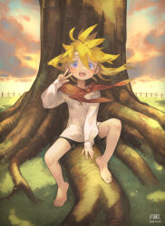 1boy :d absurdres barefoot black_shorts blush cloud cloudy_sky dated evening fang feet floating_hair grass hair_between_eyes highres long_hair long_sleeves looking_at_viewer male_focus messy_hair neckerchief open_mouth original outdoors plant_roots purple_eyes red_neckerchief shirt short_shorts shorts sky smile toes tree tsukibara w white_shirt wind