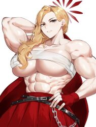 Rule 34 | 1girl, abs, akemi (blue archive), arm up, belt, biceps, black belt, blonde hair, blue archive, breasts, chain, chest sarashi, cleavage, collarbone, crossed belts, delinquent, fingerless gloves, gloves, grey eyes, hair over shoulder, halo, hand on own hip, highres, holding, holding jacket, holding unworn clothes, jacket, kazuya (kozun), large breasts, long hair, looking at viewer, mole, mole under eye, muscular, muscular female, navel, parted lips, red gloves, red halo, red jacket, red skirt, sarashi, simple background, skirt, solo, sukeban, underboob, unworn jacket, upper body, veins, veiny arms, white background