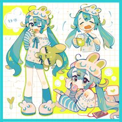 Rule 34 | 1girl, animal print, animal slippers, aqua eyes, aqua hair, aqua nails, aqua ribbon, aqua shorts, aqua socks, asymmetrical legwear, blue border, border, bunny slippers, carrying, carrying under arm, cellphone, cheek rest, chewing gum, crossed bangs, cup, detached sleeves, dirty, dirty face, eyewear on head, fang, food-themed hair ornament, frilled shorts, frills, green background, green nails, green outline, grid background, hair flaps, hair ornament, hairpin, halftone, hand on own cheek, hand on own face, hand up, hatsune miku, highres, holding, holding cup, holding stuffed toy, holding toothbrush, long hair, lying, mug, multicolored background, multicolored nails, multiple views, nail polish, neck ribbon, number tattoo, off-shoulder shirt, off shoulder, on stomach, outline, pale skin, phone, rabbit print, ribbon, ribbon-trimmed shirt, ribbon trim, ringing artifacts, shirt, short eyebrows, short shorts, shorts, shoulder tattoo, single off shoulder, sleep mask, sleeves past wrists, slippers, smartphone, soap bubbles, socks, spring onion hair ornament, spring onion print, standing, stuffed animal, stuffed rabbit, stuffed toy, suuroku, tattoo, tearing up, toothbrush, twintails, uneven legwear, vocaloid, wavy mouth, white background, white footwear, white shirt, yawning