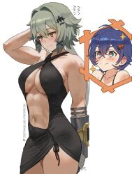 Rule 34 | 2girls, aqua eyes, arm up, belle (zenless zone zero), blue hair, blush, breasts, caesar king (zenless zone zero), closed mouth, collarbone, commentary, covered erect nipples, cowboy shot, crossed bangs, flying sweatdrops, green hair, hair between eyes, hair intakes, hair ornament, heart, heart-shaped pupils, highres, large breasts, long hair, medium hair, multiple girls, navel, patreon logo, patreon username, simple background, symbol-shaped pupils, thighs, white background, x hair ornament, zefrableu, zenless zone zero