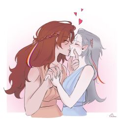 2girls blue_dress blush braid closed_eyes closed_mouth commentary diana_(league_of_legends) dress gradient_background hair_ribbon half_up_braid hashtag-only_commentary holding_hands interlocked_fingers kiss league_of_legends leona_(league_of_legends) lesbian_flag long_hair multiple_girls orange_dress orange_hair pink_background piuuu_(piuulol) pointy_ears ribbon ribbon_braid white_background yuri