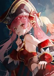 1girl absurdres bare_shoulders bicorne black_hat black_leotard breasts cowboy_shot cropped_jacket hat heterochromia highres hololive houshou_marine jacket leotard long_hair medium_breasts miniskirt pink_hair pleated_skirt red_eyes red_jacket red_skirt skirt solo twintails virtual_youtuber yellow_eyes yeougui